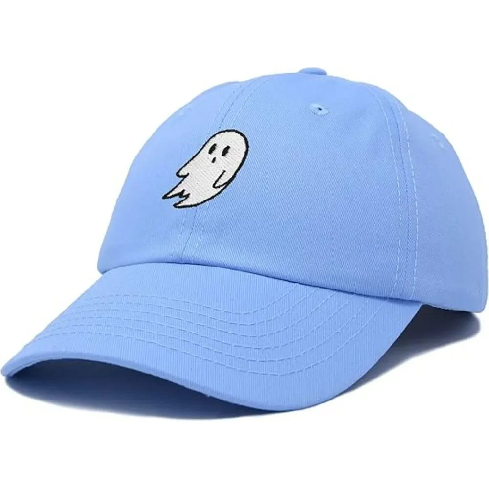 Unisex Light Blue 100% Cotton Ghost Embroidered Adjustable Buckle Baseball Cap